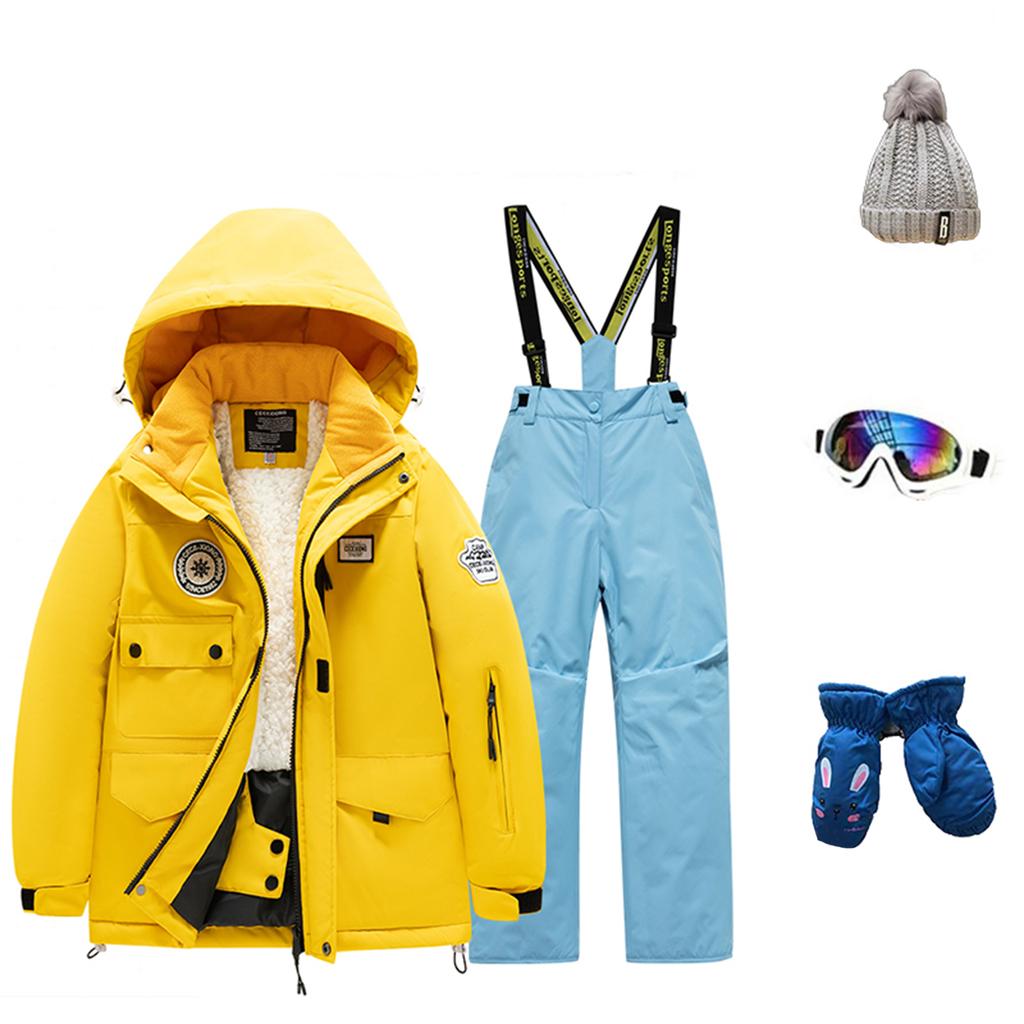 Детский модный лыжный комплект для мальчиков и девочек, утепленный, водонепроницаемый, термобелье, костюм из пяти предметов с курткой и брюками