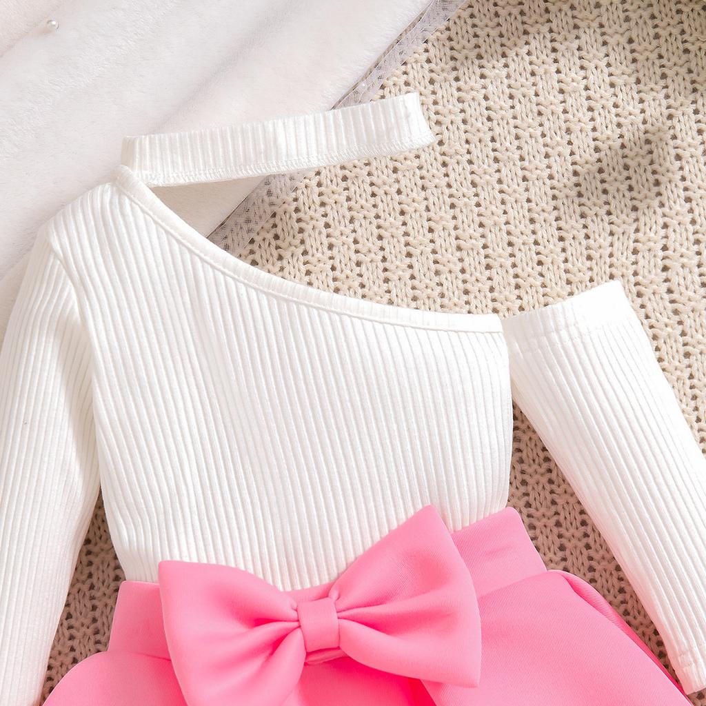 Костюм для девочек 9M-4Y с юбкой, весенне-осенний костюм принцессы с разрезом на плече, длинными рукавами и бантом с оборками на юбке