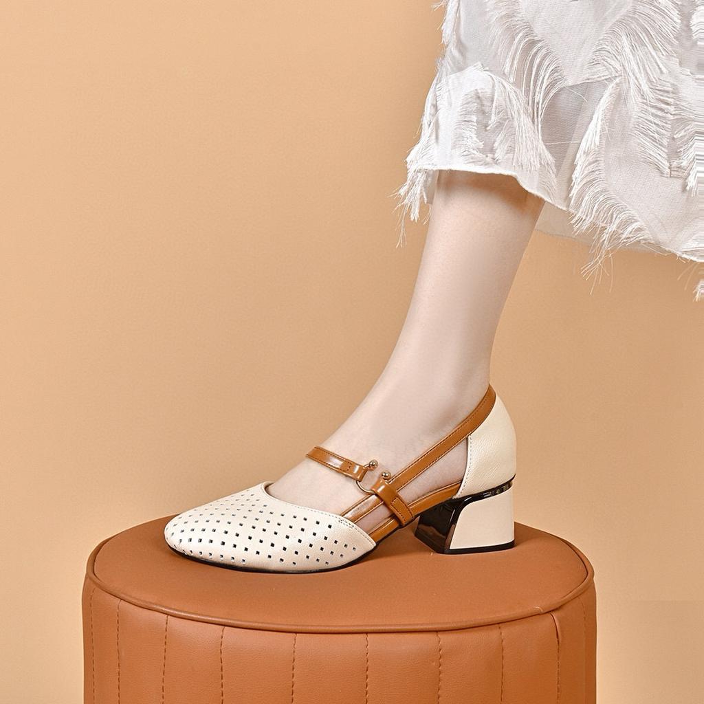 High-heeled Sandals Women's Summer Color Matching Hollow Sandals Round Head Punching Hollow Middle Heel Top Layer Cowhide Fashion Shoes