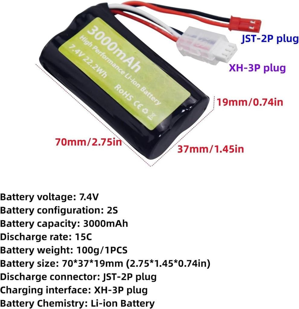 7.4V 3000mAh 15C 2S Li-ion Battery with JST-2P Plug and USB Charging Cable – for UDIRC UD1601 UD1602 SG1603 RC Car 1/10 1/12 1/16