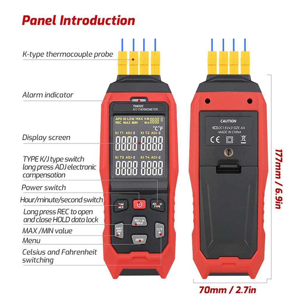 TASI TA612C 4-канальный термометр-термопара типа K/J -200~1372/ -328~2501 градусов Фаренгейта Ручной цифровой ЖК-измеритель температуры 5000 групп
