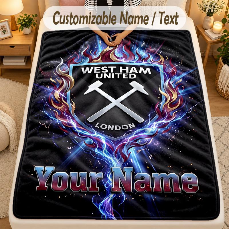Flannel BlanketWest Ham United FC Custom Name Text Personalized Soft Warm Throw Blanket Home Decor Gift