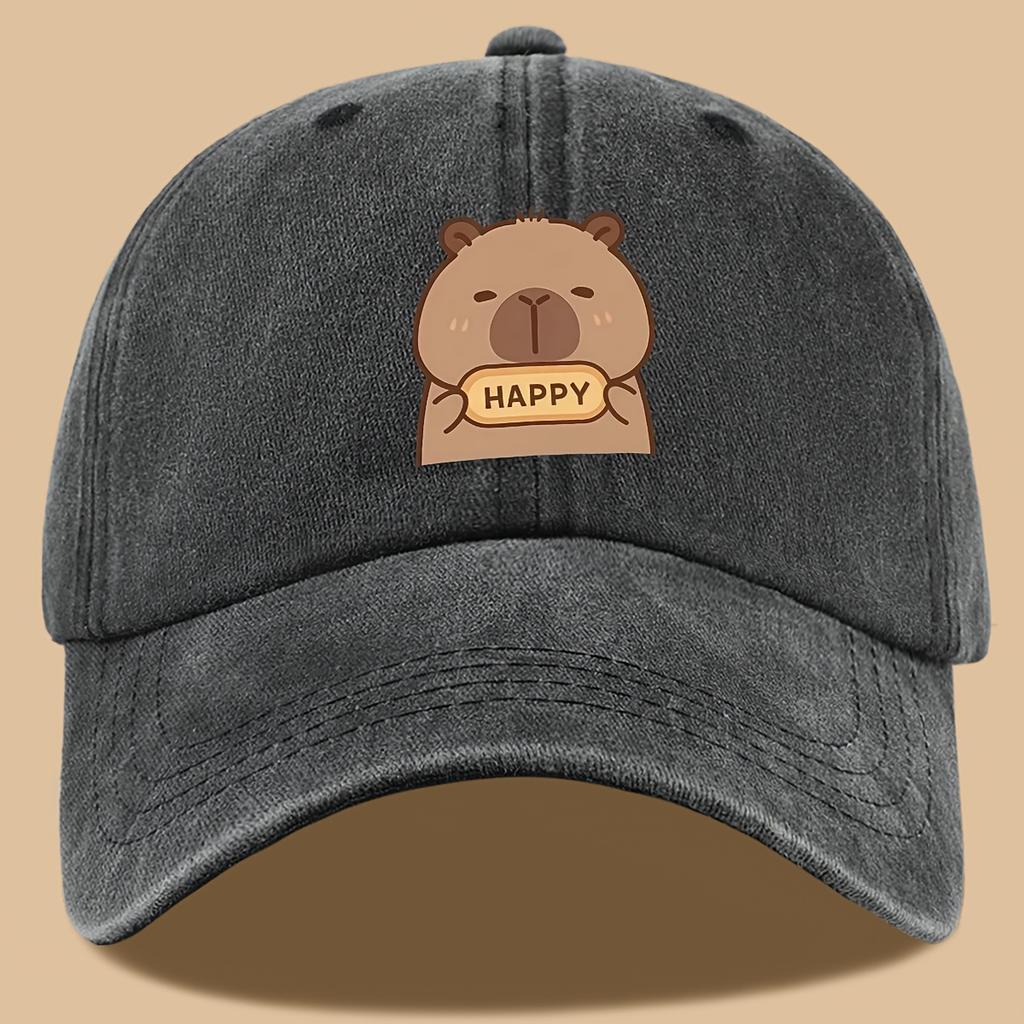 pc Capybara Happy Print Trucker Hat Vintage Washed Adjustable Baseball Cap Breathable Unisex Outdoor Sun Hat with Cute Carto