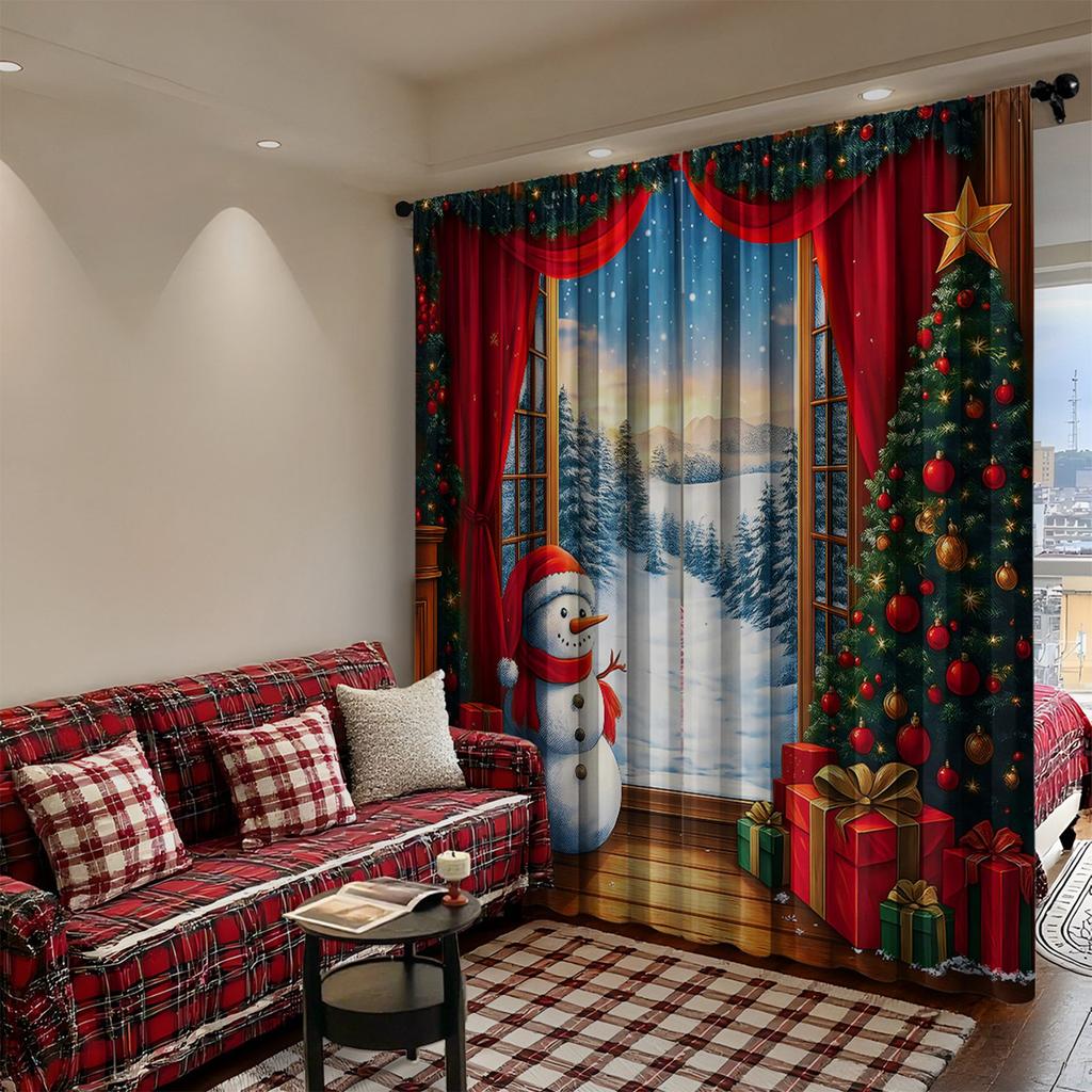 A Set Of 2 Christmas Tree Printed Curtain Sets, Suitable For Living Room, Kitchen, Bedroom, Bathroom, Dining Room And Home Decoration