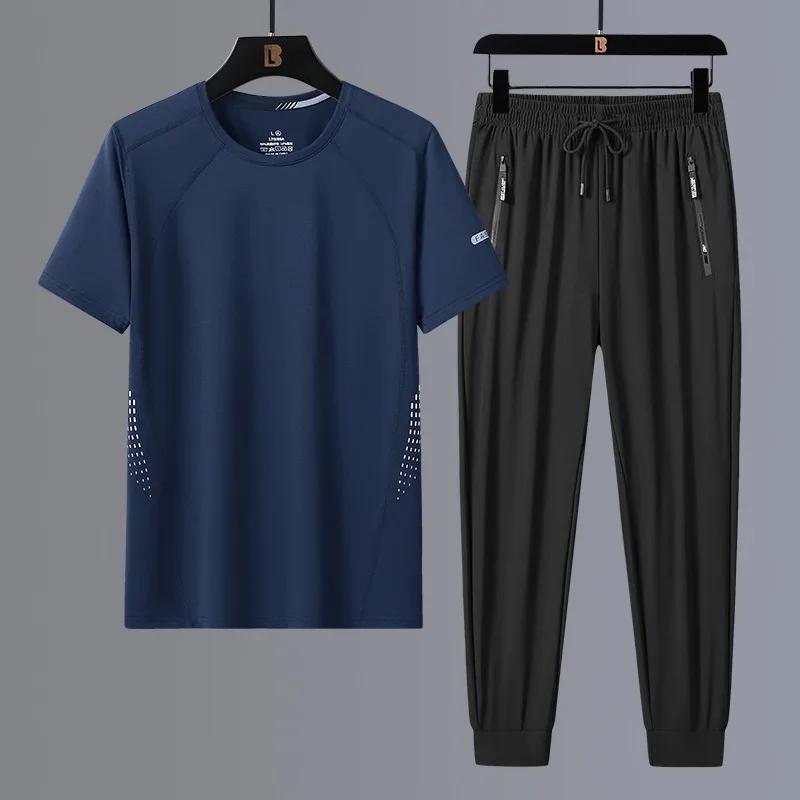 Новая летняя футболка, быстросохнущая ткань, мужские спортивные штаны из ледяного шелка для отдыха, комплект из двух предметов