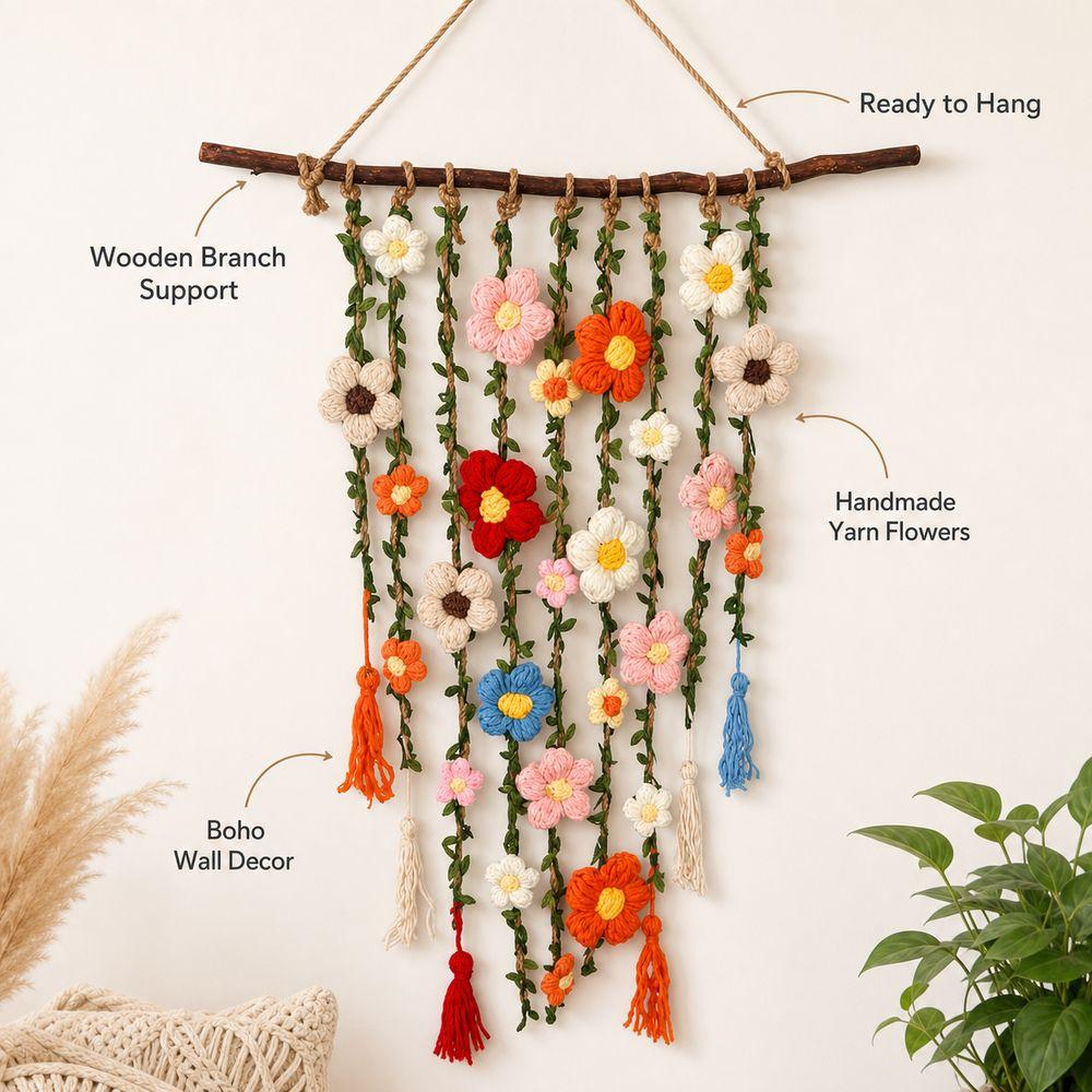 Wooden Branch Crochet Wall Hanging Yarn Floral Tapestry Macrame Wall Hanging Living Room Decor