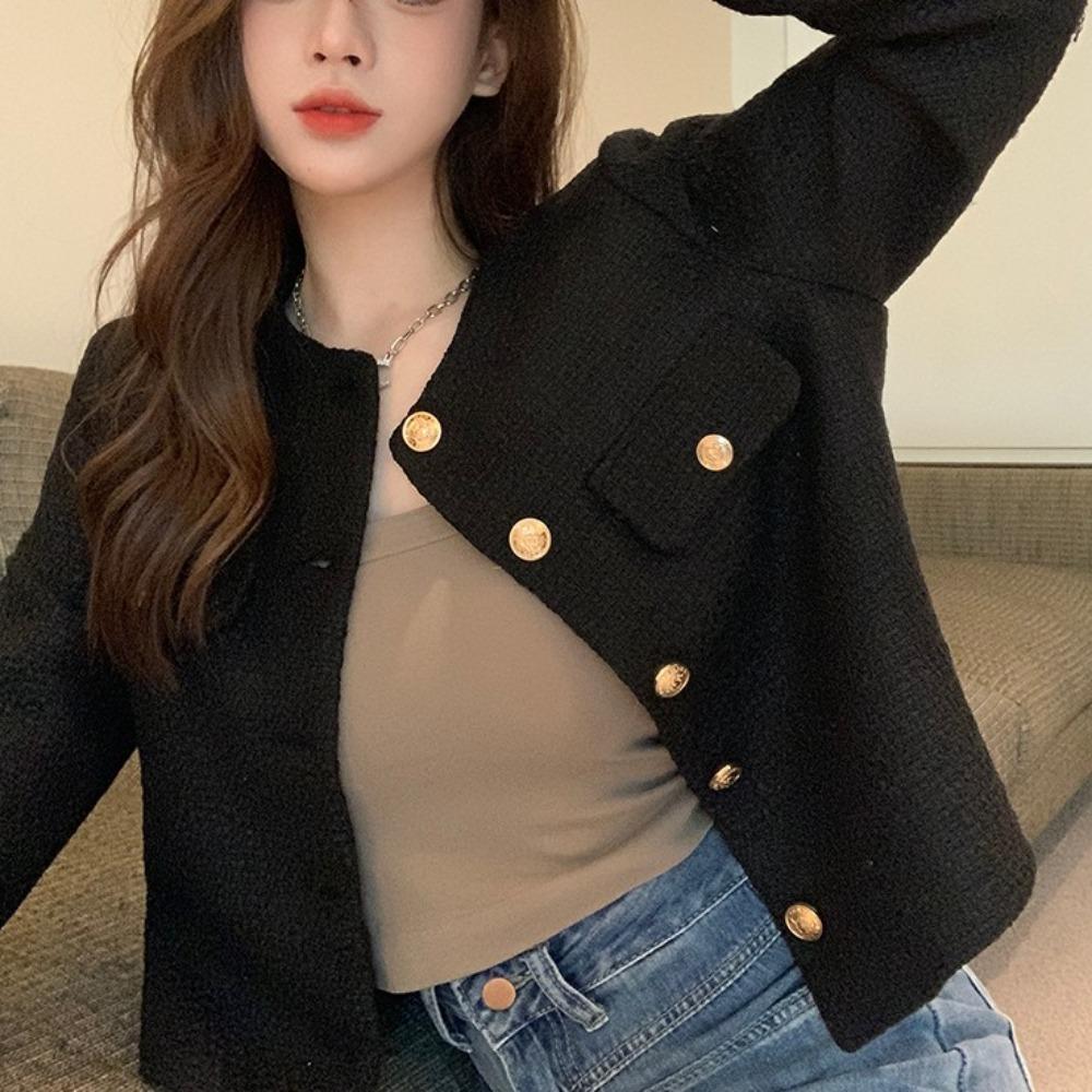 Приталенный твидовый укороченный жакет на пуговицах, кардиган, пальто, Харадзюку, женская, винтажная верхняя одежда, весна, осень