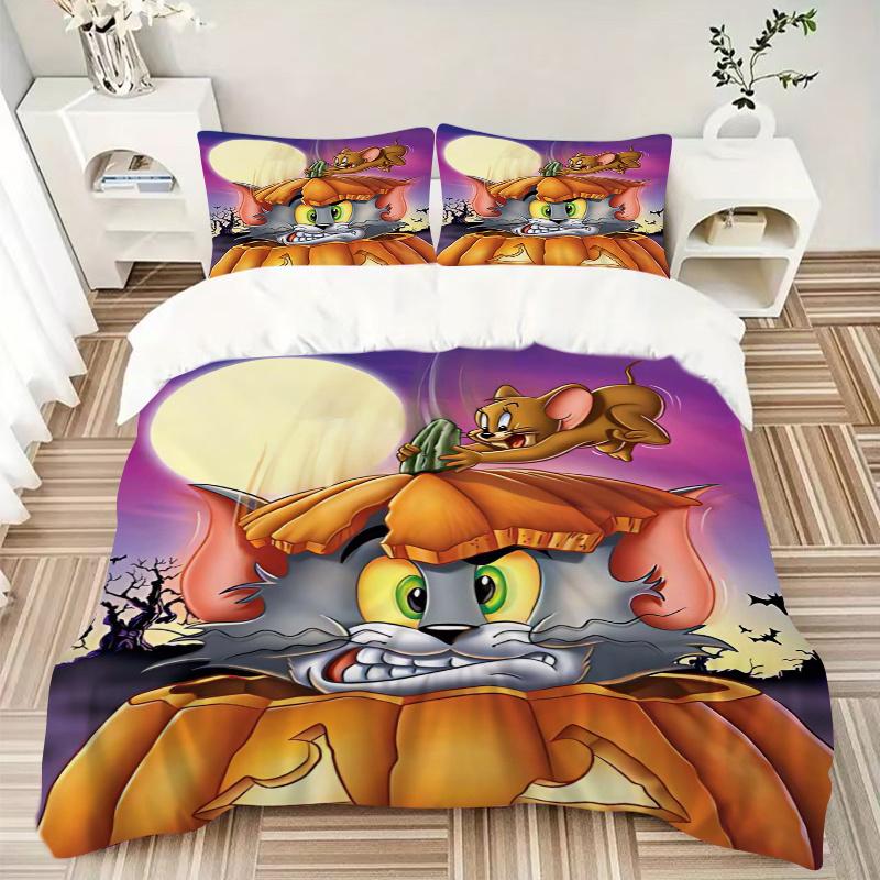3pcs Halloween Spooktacular Tom and Jerry Printed Duvet Cover Set (1 * Cover+2 * Pillowcase, Without Core), Suitable for Home Bedroom, Guest Room