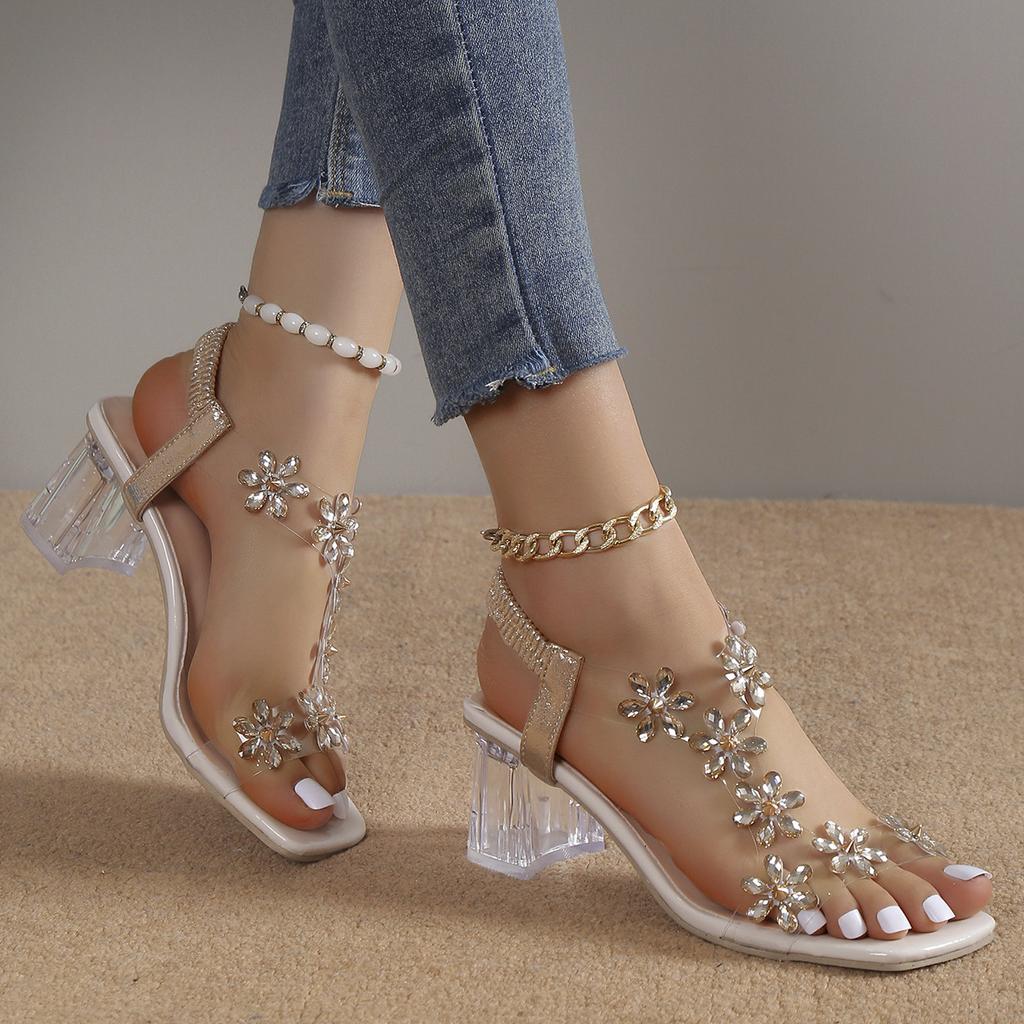 Transparent Square Heel Sandals for Woman Luxury Flash Drill Summer High Heels Fashion Women's Shoes Low Heels Sandalias Size 43