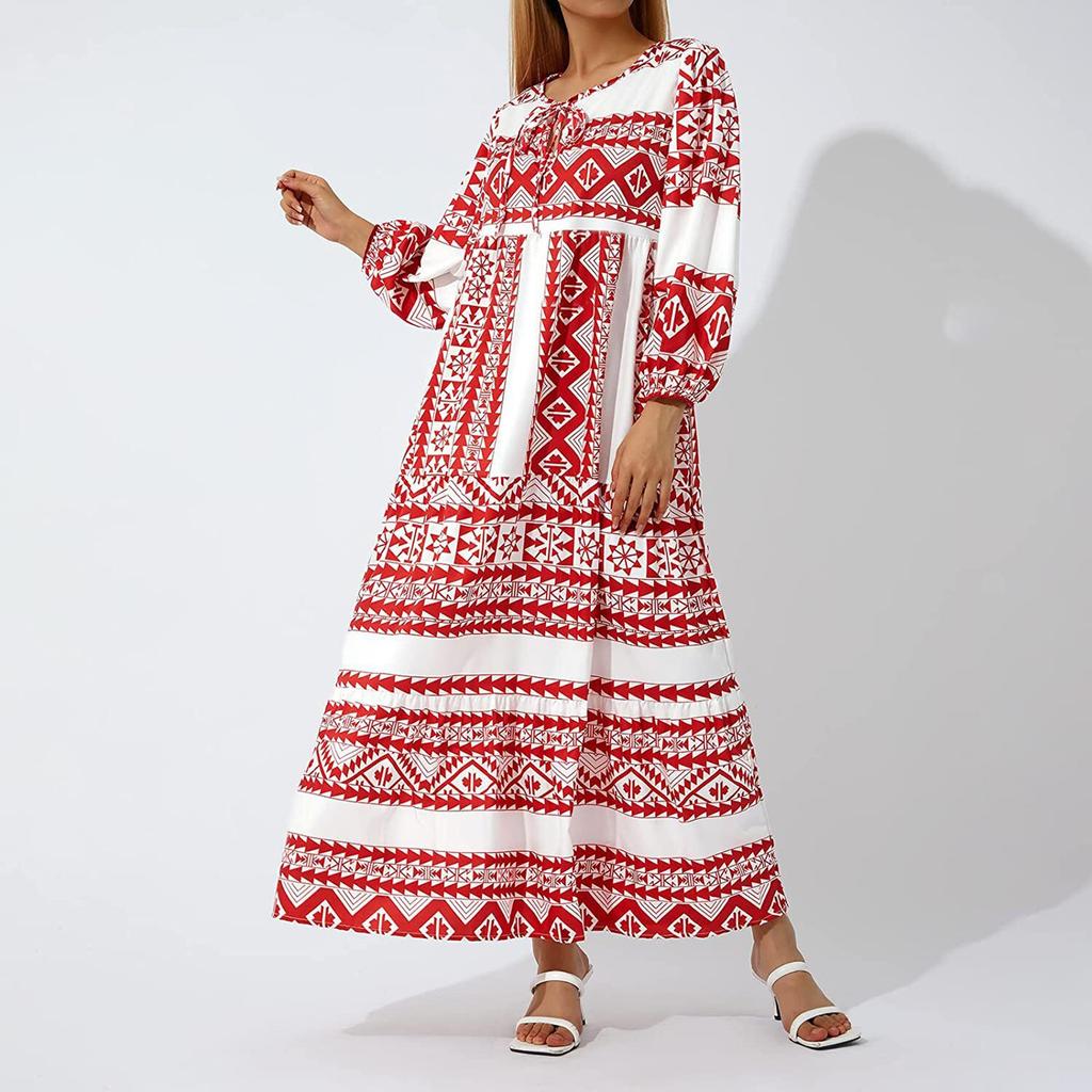 Women's Summer Casual Fashion Geometric Print Neckline Lace-up Bubble Middle-sleeves Ruffle Stitching Big Swing Long Losse Dress