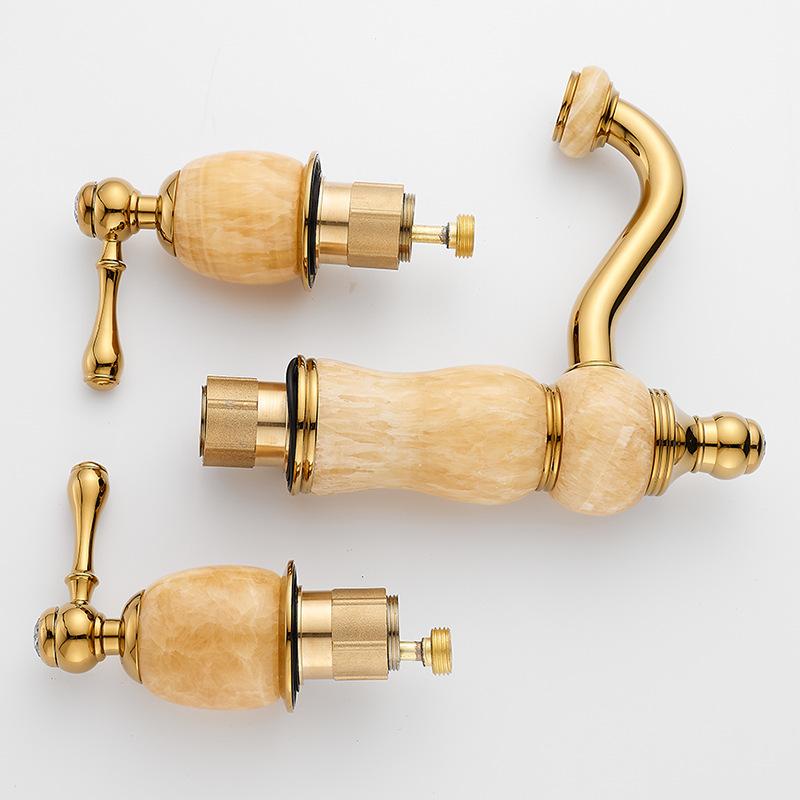 Смеситель для раковины из золотой латуни и нефрита, смеситель для раковины с тремя отверстиями, широко расставленный смеситель для раковины, двухрычажный кран для горячей и холодной воды, новое поступление