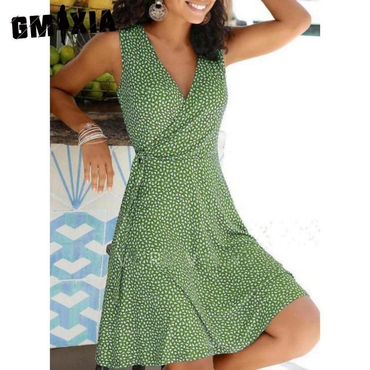 Женское летнее платье без рукавов с V-образным вырезом, в богемном стиле, с принтом в горошек, пляжное, повседневное