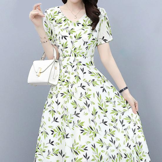 Women's Floral Print Maxi Dress Summer V Neck Short Sleeve Long Dress Casual Swing A-line Beach Sundress