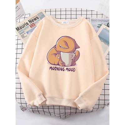 Кошка смотрит на чашку Милый свитшот Женский модный худи с круглым вырезом Повседневные худи Пуловер Оверсайз Спортивная одежда