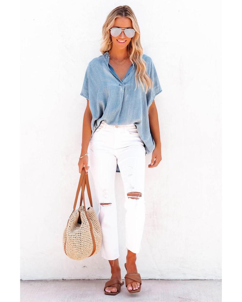 Azura Exchange Джинсовая блузка свободного кроя с V-образным вырезом