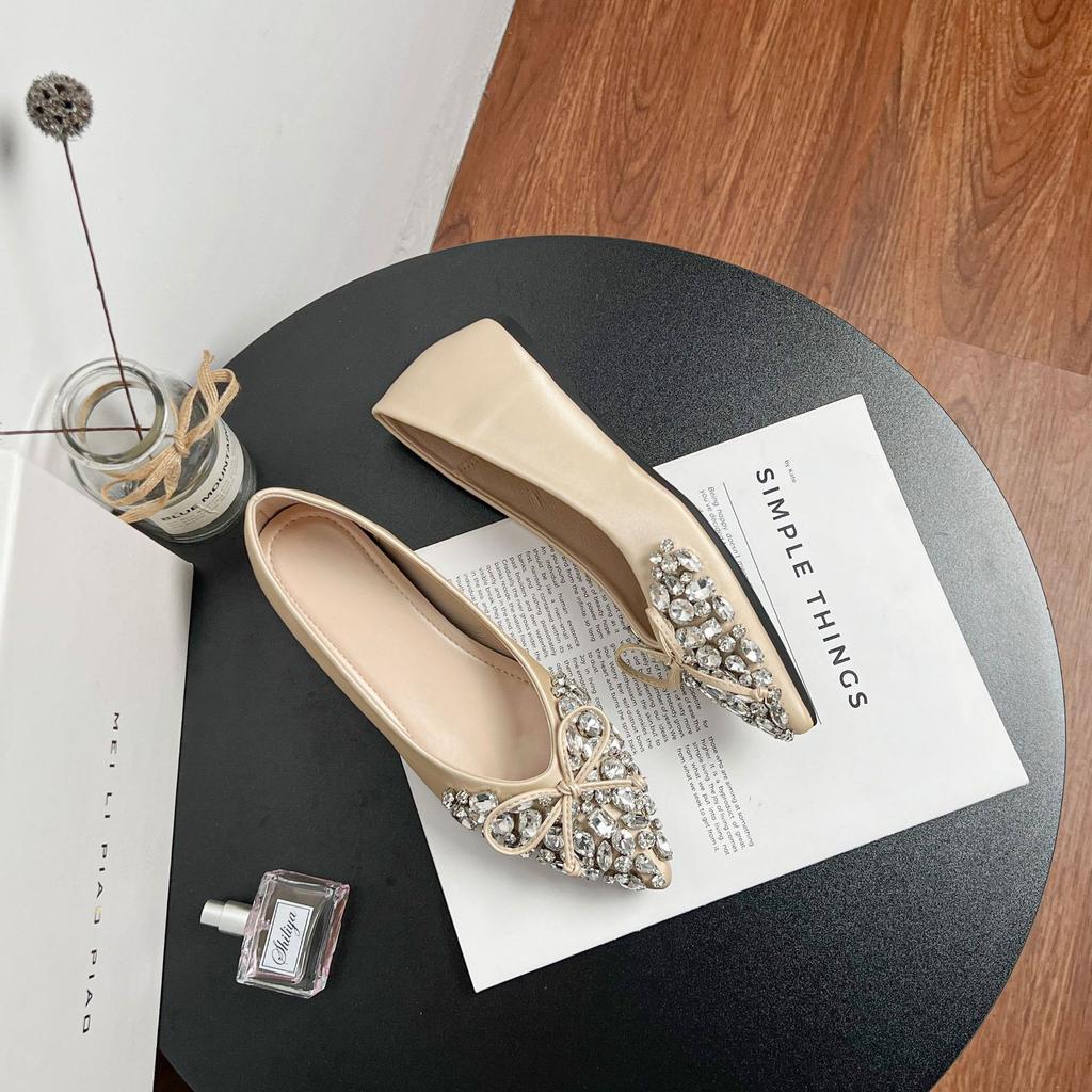 Autumn New Inner Heightening Shoes Women's Pointed Head Temperament Satin Bow Ladyshoes Rhinestone Shallow Mouth Flat Sole Shoes