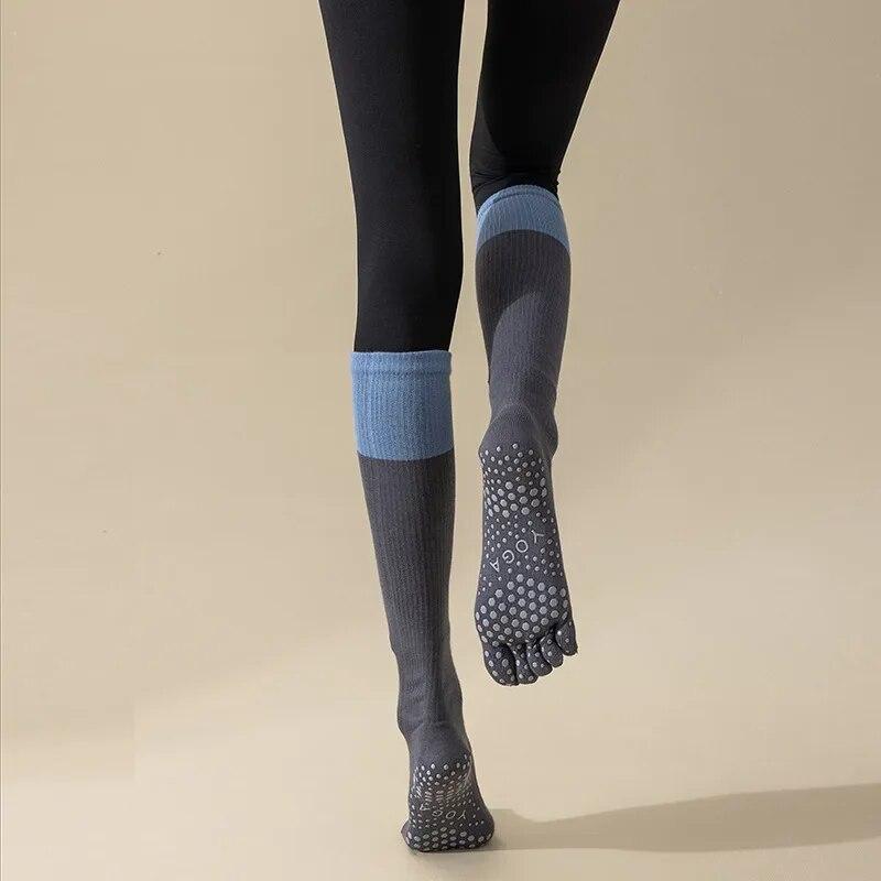 Женские носки для йоги с пятью пальцами, пилатес, профессиональные силиконовые противоскользящие спортивные носки для фитнеса, однотонные хлопковые гольфы, чулки