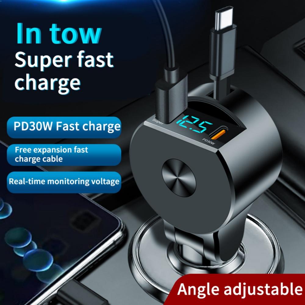 75W 3 In 1 Car Fast Car Phone Charger with Retractable Cable USB Type C Cable Adapter for IPhone Samsung Xiaomi Quick Charger3.0