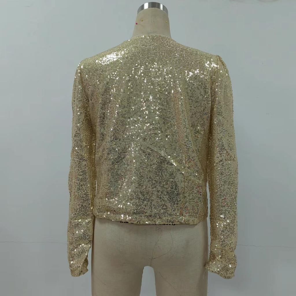 Short Casual Women's Jacket for Spring with Eye-catching Sequins and Chic Style