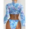 Сексуальный синий Tie Dye комплект из 3 предметов, женский комплект бикини с длинным рукавом и завязками спереди, купальник 2024, купальный костюм с завязками сбоку, стринги, купальник