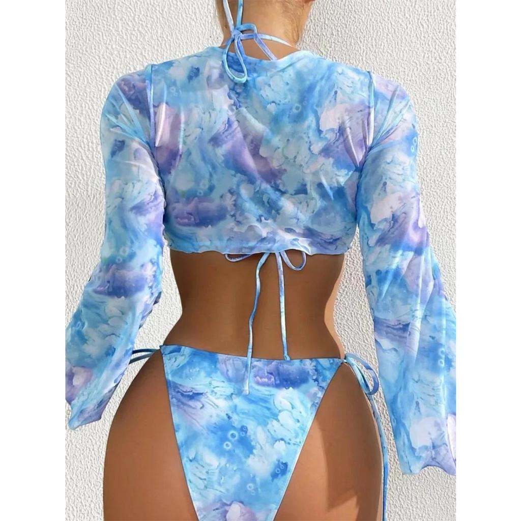 Сексуальный синий Tie Dye комплект из 3 предметов, женский комплект бикини с длинным рукавом и завязками спереди, купальник 2024, купальный костюм с завязками сбоку, стринги, купальник