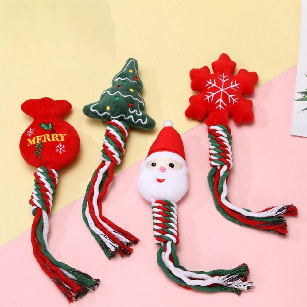 Snowman/Christmas Tree Christmas Dog Toys Plush Snowflake/Doughnut Shape Dog Squeakey Chew Toys Bite Resistant Cotton Ropes