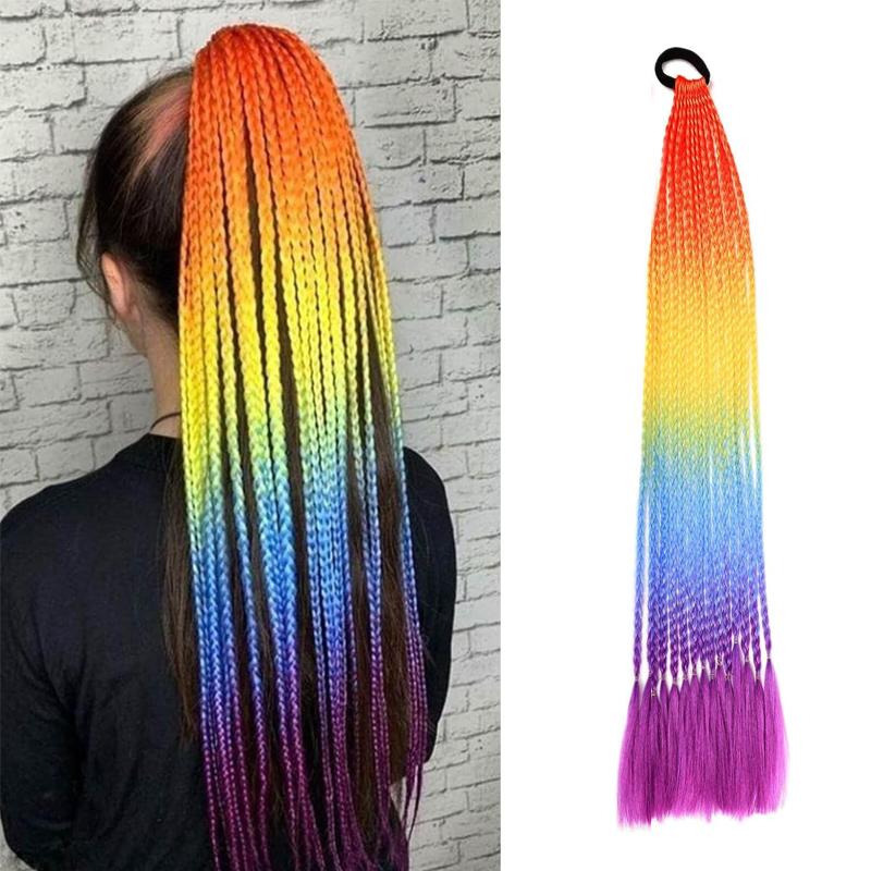 Косы-хвосты 24 дюйма Разноцветные Box Braids с резинками Синтетические накладки для волос для девочек Женские аксессуары День сумасшедших причесок
