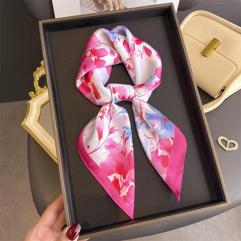 New Floral Print Design Shawl Square Scarf For Women Soft Satin Wraps Neckerchief Female Hair Bands Ribbon Headband Bandana