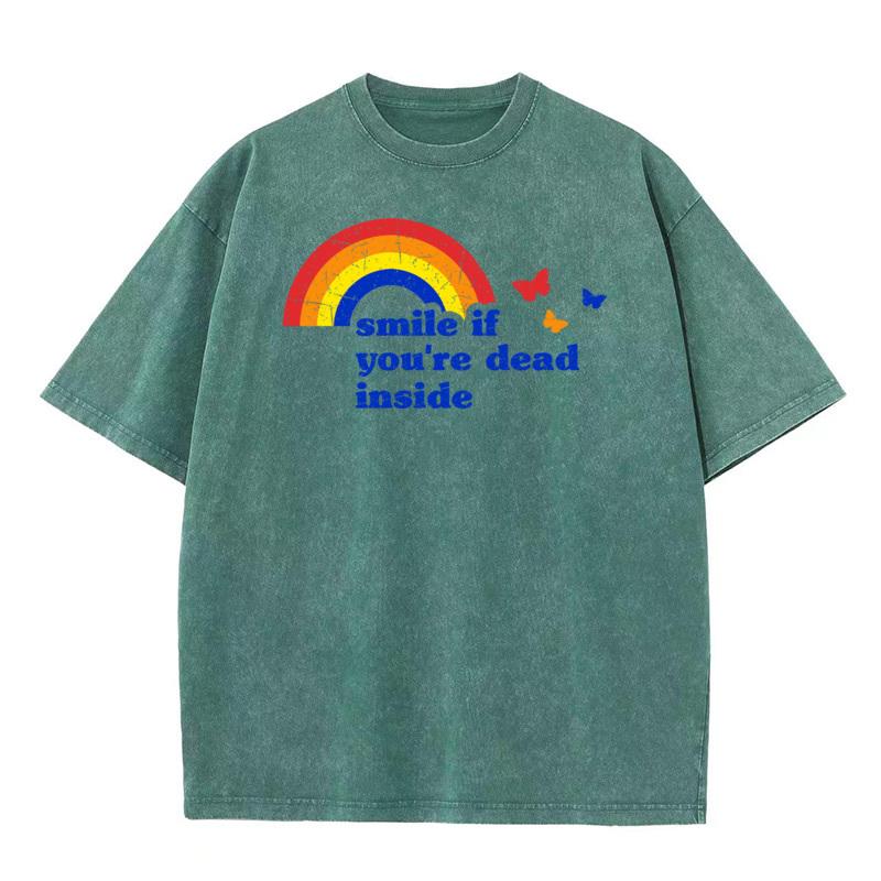 Pure Cotton Unisexs Short Sleeve Smile if Dead Washed T Shirt Casual Tops Tees Graphic Cool Crew Neck Washed Tees