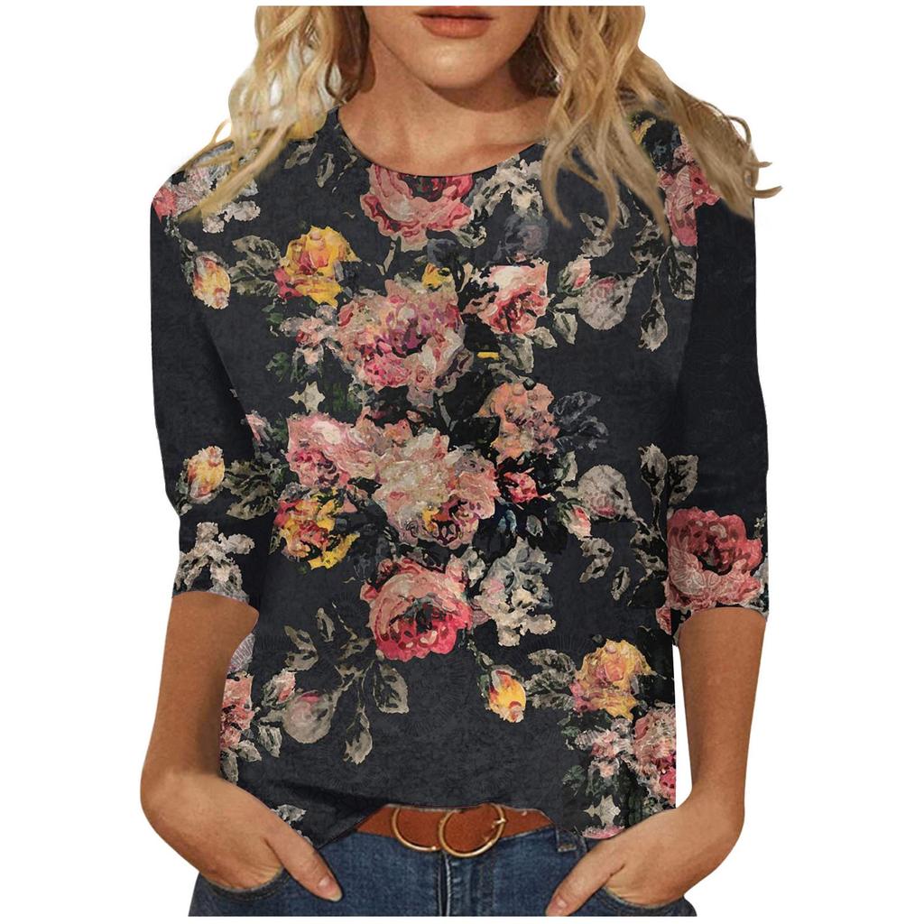 Женские топы с рукавом 3/4 и круглым вырезом Модные свободные милые рубашки Повседневные принты Модные блузки Футболки Летний пуловер