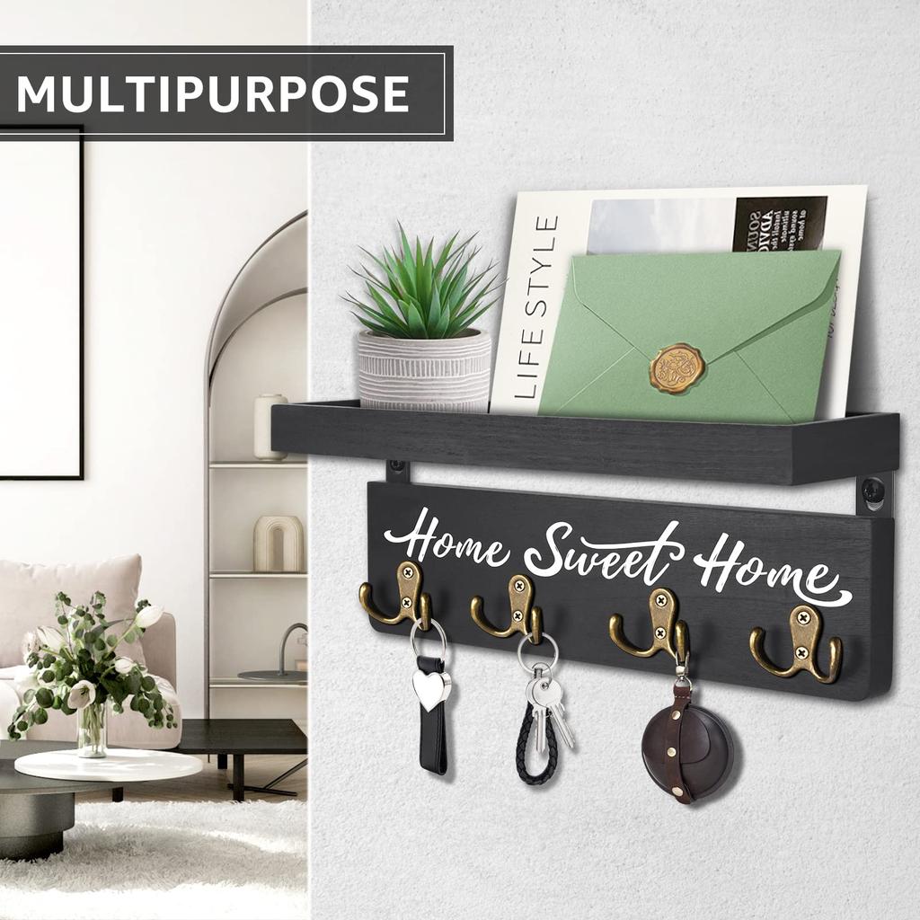 Wooden Key Holder for Wall with Shelf Home Entryway Decorative Key Hanger for Wall with 4 Double Key Hooks and Mail Organizer