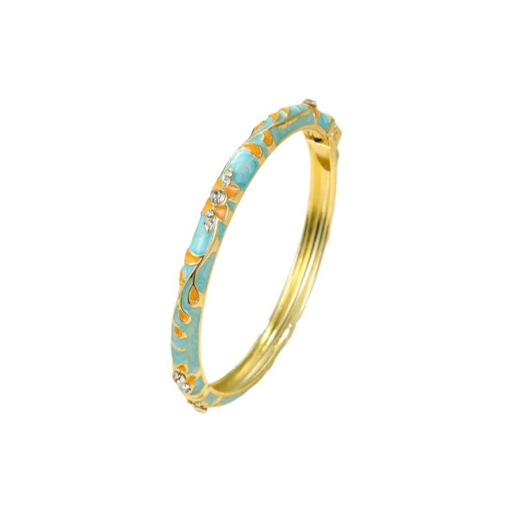 Chinese Style Enamel Flower Bangle Elegant Women's Floral Bracelet Vintage Cloisonne Bangle Bride