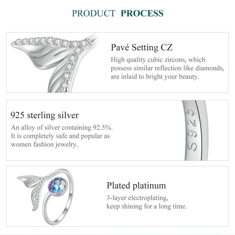 BAMOER, кольцо из стерлингового серебра 925 пробы, кольцо с рыбьим хвостом, цветная рыбья чешуя, регулируемое кольцо для женщин, ювелирные изделия