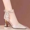 Шикарные летние сетчатые ботильоны для женщин - Сексуальный острый носок с бантиком из страз, Массивный каблук, Дышащий дизайн с вырезами, Застежка-молния сзади