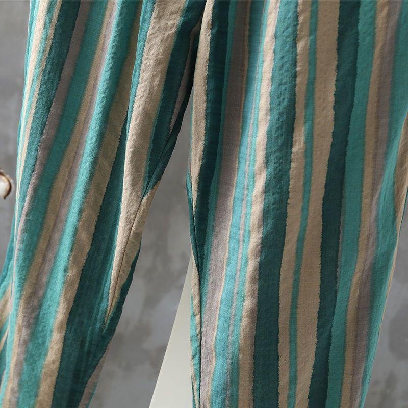 Женские полосатые укороченные брюки, свободные брюки-шаровары, летние ретро-художественные тонкие повседневные брюки