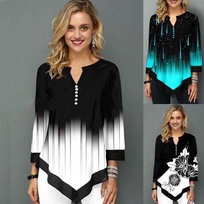 Принтованная уличная трендовая футболка с V-образным вырезом и асимметричным подолом свободного кроя