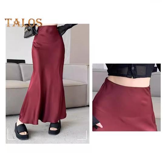Women Fishtail Skirt High Waist Fishtail Hem Maxi Skirt Solid Color Retro Satin Texture Hip Wrapped Skirt