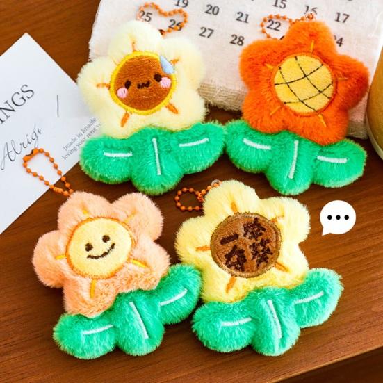 Keychain Soft Plush Sunflower Pendant with Smile Face Text Design Healing Shape Backpack Keys Bags Car