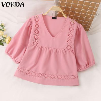 Женские летние кружевные блузки с V-образным вырезом и короткими рукавами-фонариками