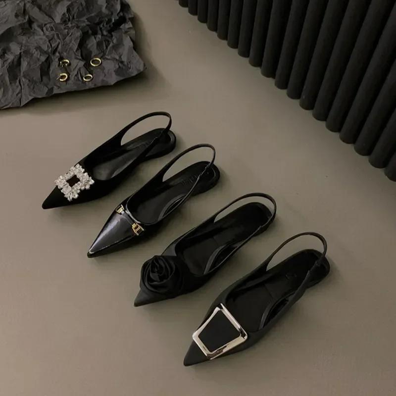 New Style Designer Style Women Sandals Shoes Fashion Rhinestone Slip On Flats Heels Ladies Pointed Toe Elegant Slingback Sandals