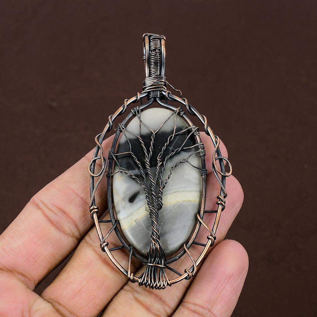 Fume Agate Handmade Copper Wire Wrap Tree Of Life Pendant 3.54" h1B59