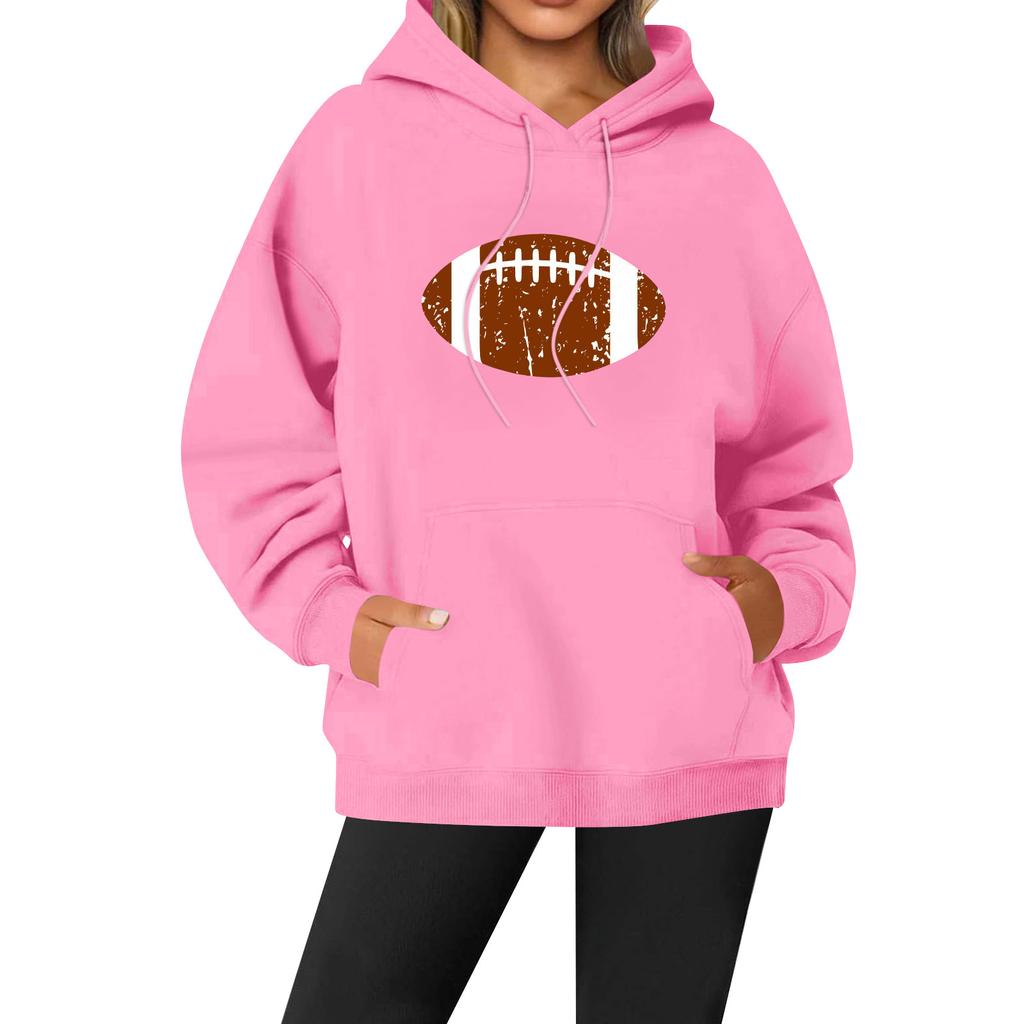 Women's Casual Fashion Solid Color Rugby Print Long Sleeve Hooded Sweatshirt Top