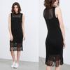2024 Black Crochet Tunic Sexy Hollow Out O-neck Sleeveless Fringed Women Summer Midi Dress Beach Wear Swim Suit Cover Up