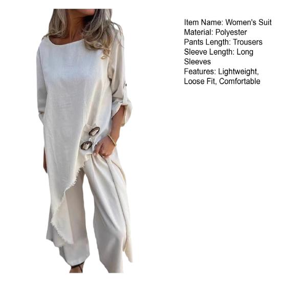 Женский асимметричный комплект из двух предметов с высоким и низким подолом, топ с круглым вырезом и разрезом, широкие брюки, костюм для отдыха, весна-осень, повседневный свободный наряд для повседневной носки, путешествий, пляжа