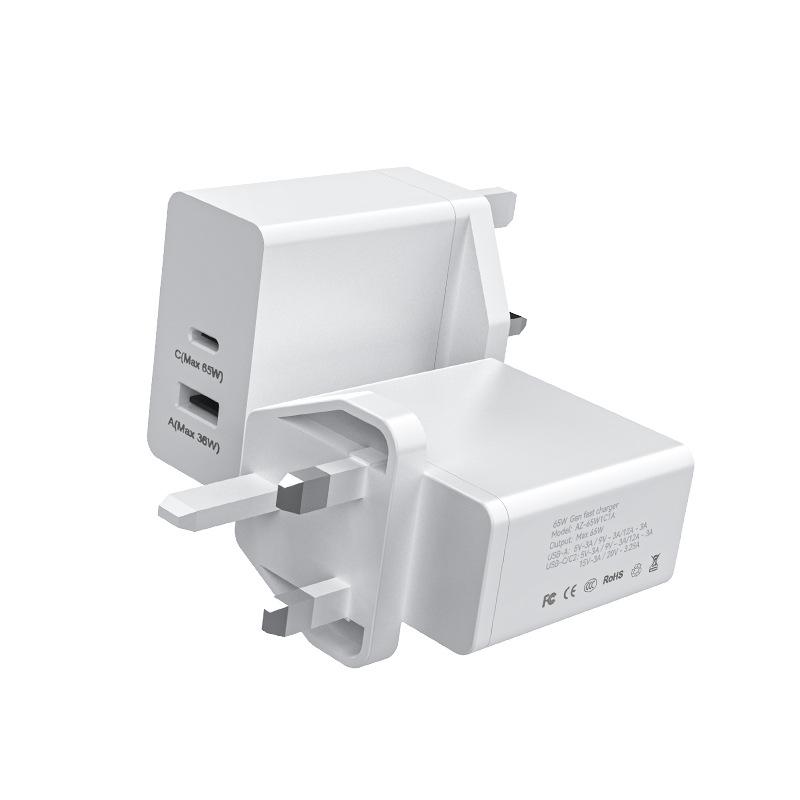 Быстрое зарядное устройство GaN с двумя портами USB-C мощностью 65 Вт для ноутбука и телефона