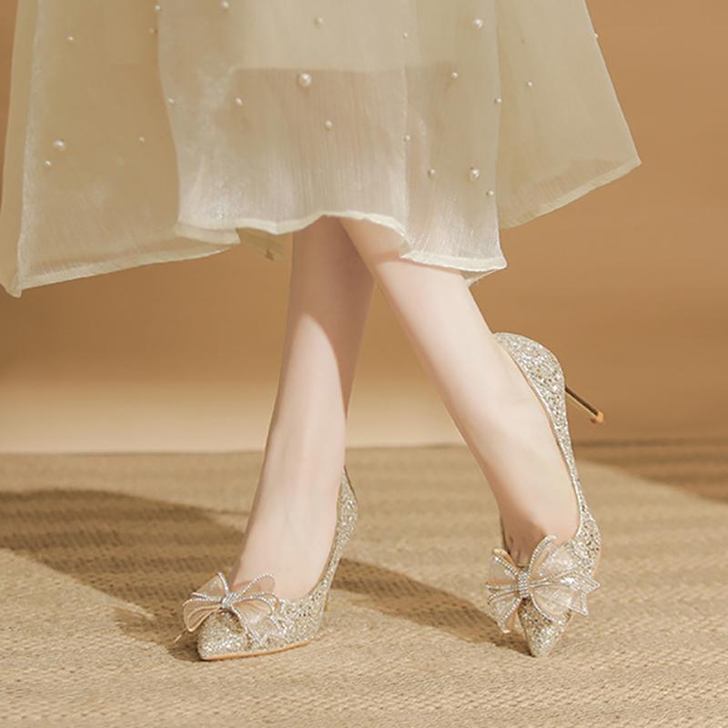 Весна Женские Туфли-лодочки с Острым Носком на Тонком Высоком Каблуке, Новые, Модные, Сексуальные, для Свадебной Вечеринки, с Бантом, Шпилька, Одинарные Каблуки