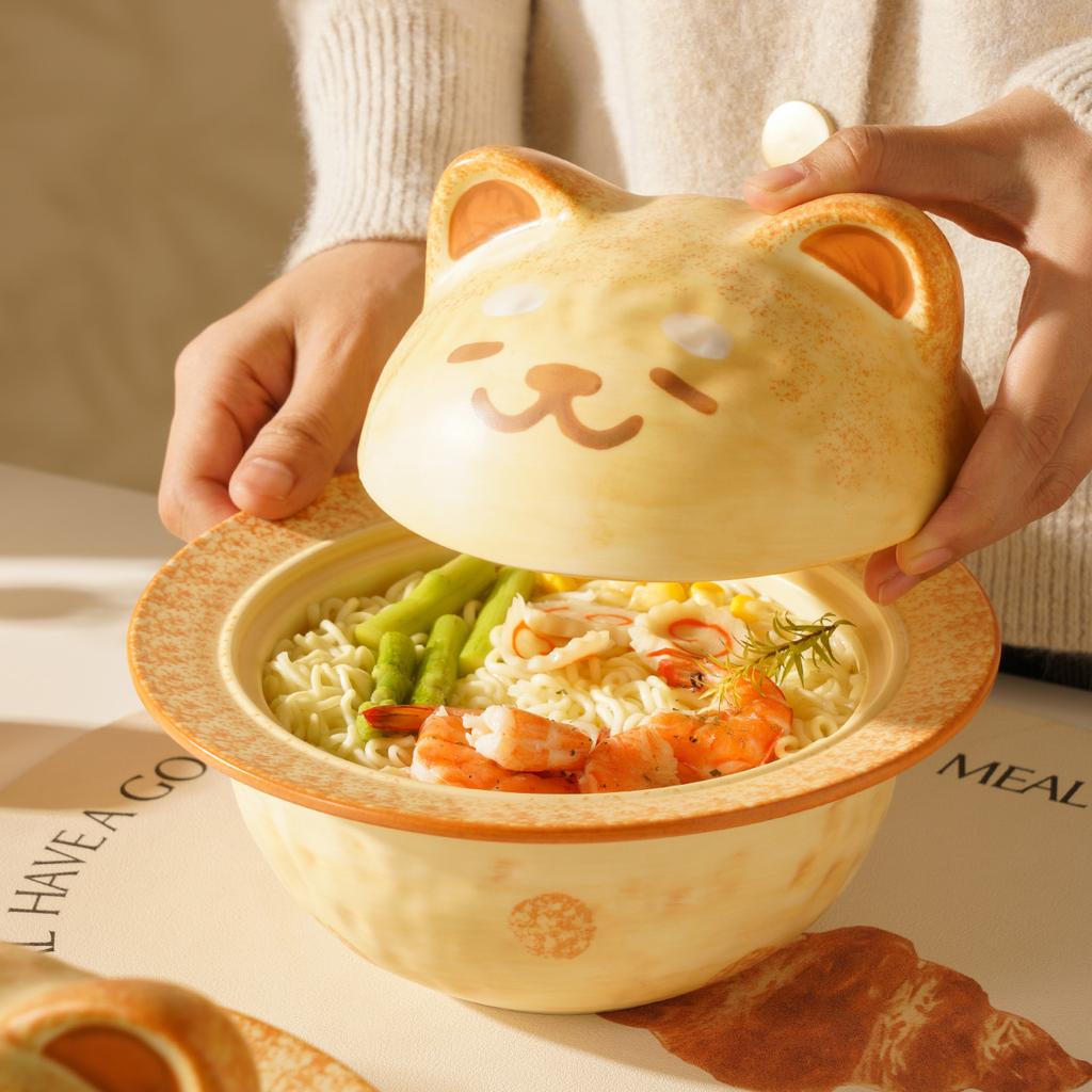 Creative Puppy Planet Ceramic Bowl Household Student Dormitory Shiba Inu Instant Noodle Bowl Birthday Gift Large Capacity Cover Bowl