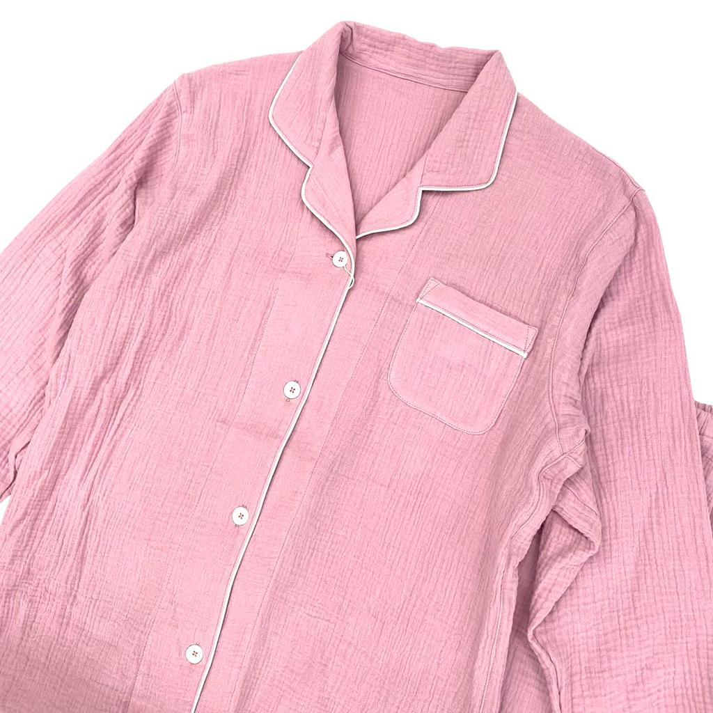 Takihyo Pajama Double Long Open with Pants Pink Women's Set, 100% Cotton, Gauze, Wrinkle-Finish, Sleeves, Front, Loungewear, Pockets,