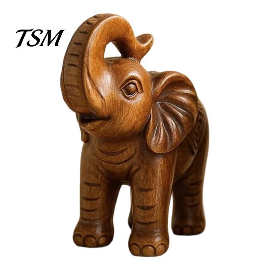 Symbol of Harmony Elephant Figurine Ornament, Resin Wood Grain Statue, Auspicious Retro Style Living Room Decoration Animal Sculpture for Home Office