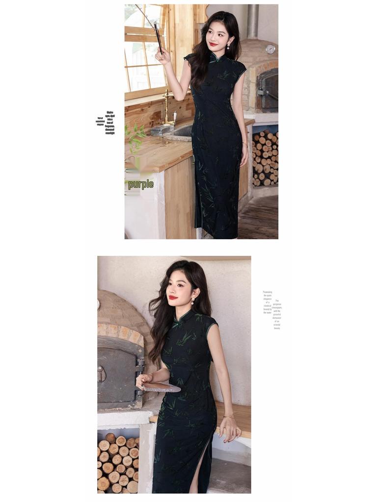 Платье-чонсам Bei Zhi Yun Black Retro без рукавов с халтером - Обновленное издание Осень 2025